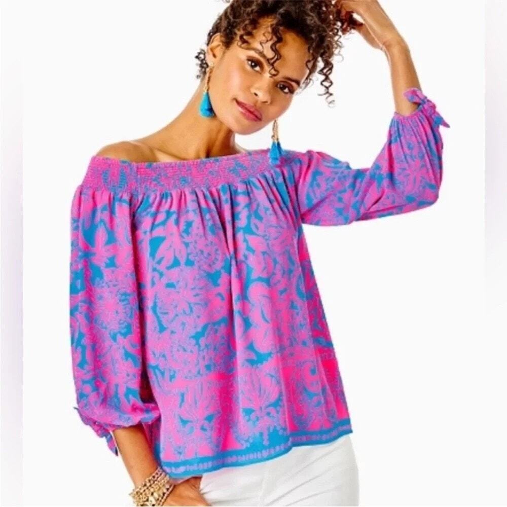 Lilly Pulitzer Maryellen Top Aura Pink Leaf Women's Small Peasant Blouse Smocked